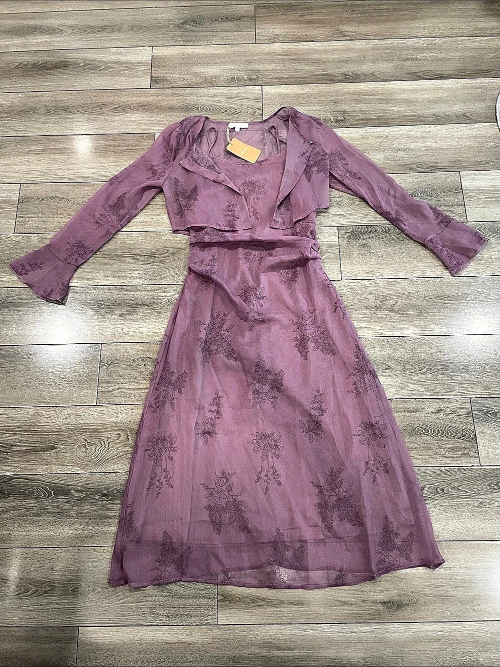 Rihoas Purple Floral Ruched Slip Midi Dress (cardigan is included)
